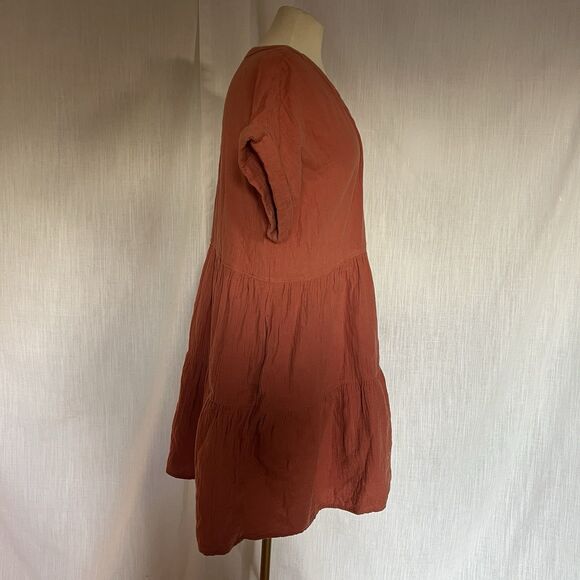 Madewell Lightspun Cuff Sleeve Button Front Tiered Dress Orange V Neck Medium - Picture 11 of 14